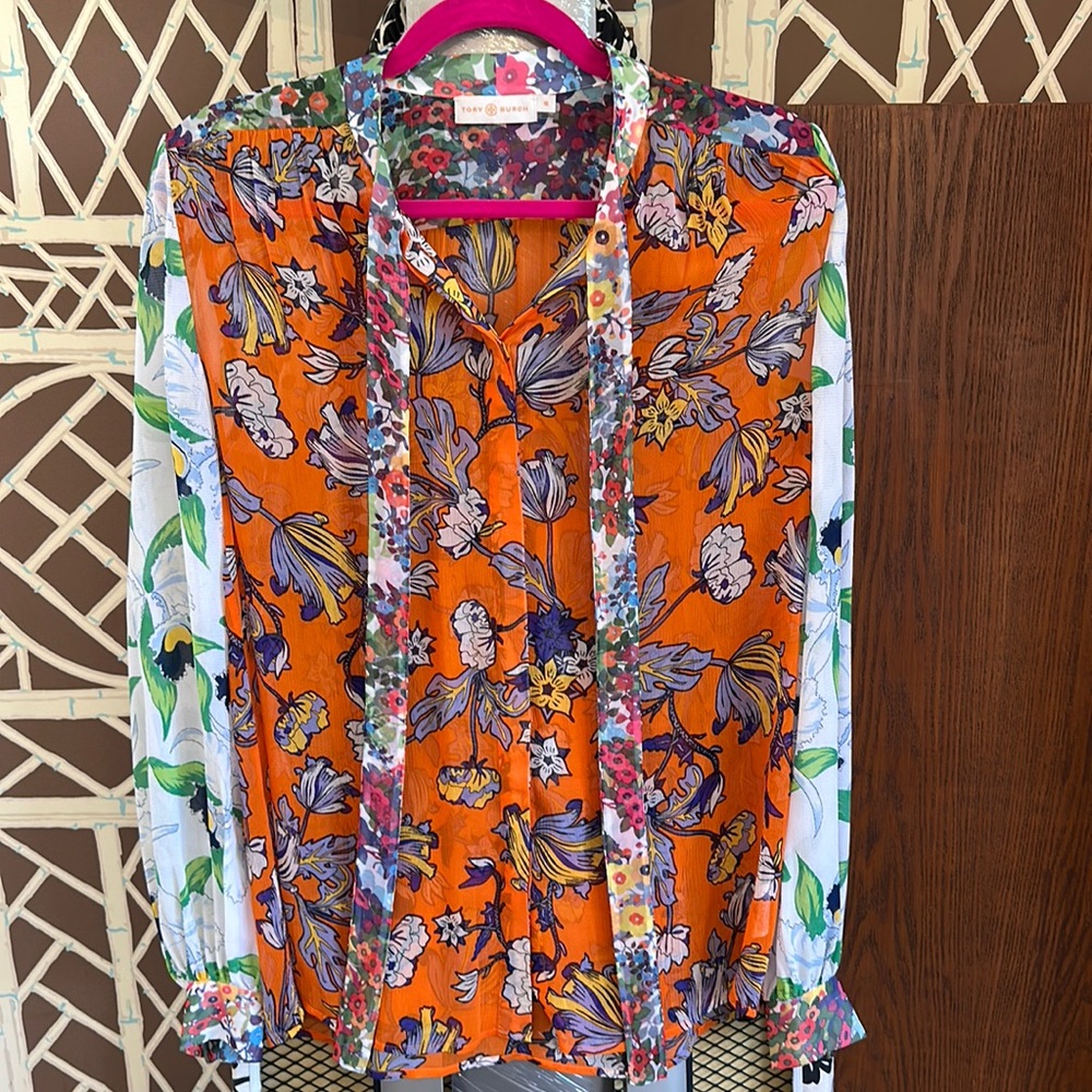 Tory Burch Kia Blouse Orange Multi Color Tulip Print Bow Tie Button Down, 10